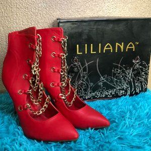 BRAND NEW Liliana Women's Pointed Toe Red Boots w/ Sassy Gold Chains (Size 11)